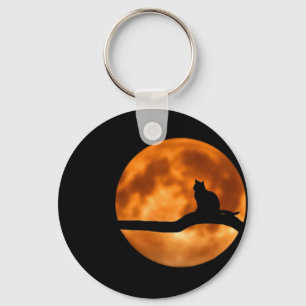 Porte-clés Feu de lune Silhouette de chat. Bouton Personnalis