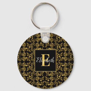 Porte-clés Feuille d'or et luxe noir Monogramme personnalis