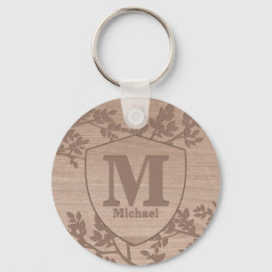 Porte-clés Feuille en bois gravé nom vintage monogramme clé