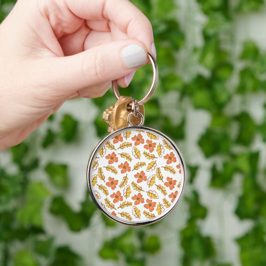Porte-clés Feuilles d'automne en chute chaude avec fleurs (Main)