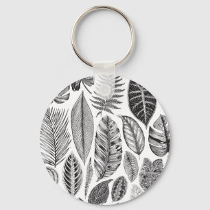 Porte-clés Feuilles exotiques, vintage floral noir et blanc.