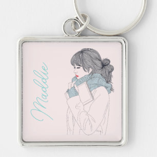 Porte-clés Fille avec foulard illustration graphique cool