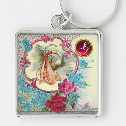 PORTE-CLÉS FILLE BÉBÉ CIGOGNE DOREMENT MONOGRAMME (Devant)
