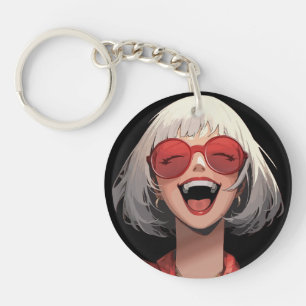 Porte-clés Fille d'anime joyeuse : Cheveux gris, Lunettes rou