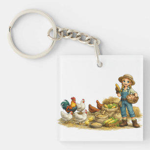 Porte-clés Fille de la ferme avec des œufs, joli art rustique