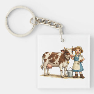 Porte-clés Fille de la ferme avec vache, joli art de campagne