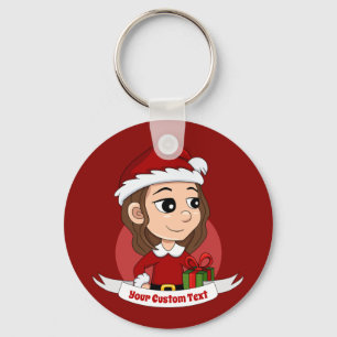 Porte-clés Fille de Noël aux cheveux bruns ondulés