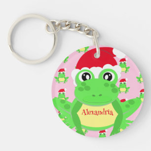 Porte-clés Fille de Noël Grenouille rose Motif de Santa Hat
