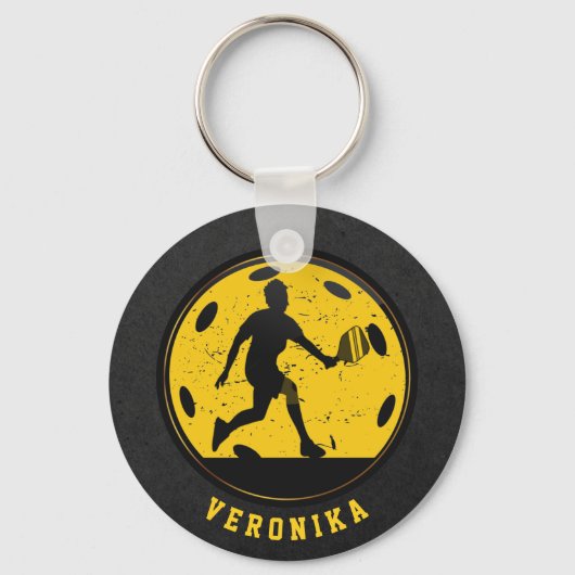 Porte-clés Fille Joueuse de Pickleball Racketball Nom Noir (Recto)