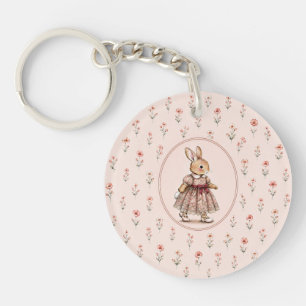 Porte-clés Fille Lapin Vintage Robe Florale Lapin