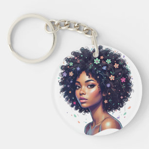 Porte-clés Fille noire fantaisiste avec afro orné de fleurs