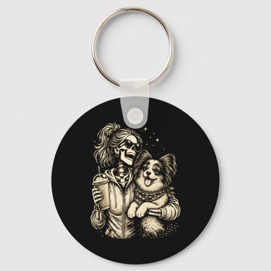 Porte-clés Fille squelette serrant un chien papillon Café mig (Recto)