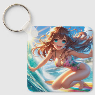 Porte-clés Fille surfeuse d'anime côtier/nautique/tropical