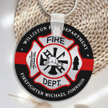Porte-clés Firefighter Maltese Cross Personalized Fireman<br><div class="desc">Personalized Thin Red Line Maltese Cross Firefighter Keychain - modern black red and silver design . Personalize with fire departments, firefighter name, or your text. This personalized firefighter keychain is perfect for fire departments, fire service, or as a memorial keepsake, christmas gifts or stocking stuffers. COPYRIGHT © 2020 Judy Burrows,...</div>