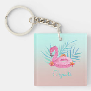 Porte-clés Flamant Rose Adorable Feuilles de Palmier