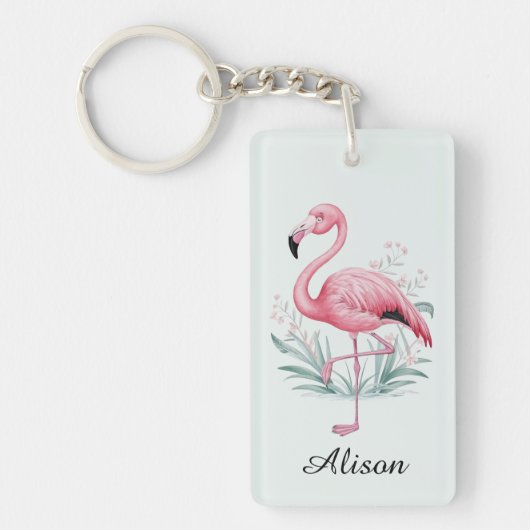 Porte-clés Flamant rose et fleurs Personnalisé (Devant)
