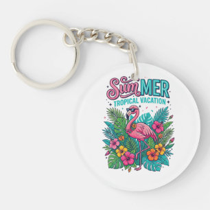 Porte-clés Flamant Rose Floral Tropical - vacances d'été 