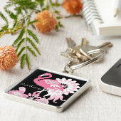Porte-clés Flamant rose moderne personnalisé noir rose (Côté)