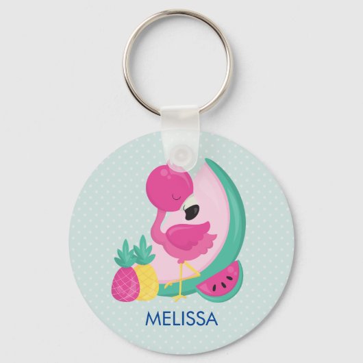 Porte-clés Flamant rose rose avec pastèque et ananas (Recto)