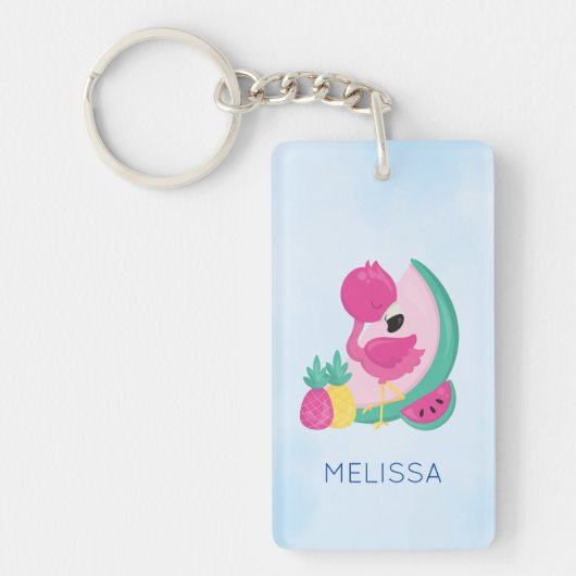 Porte-clés Flamant rose rose avec pastèque et ananas (Devant)