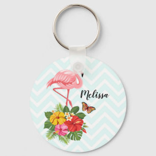 Porte-clés Flamant rose rose & Hibiscus Tropical Fancy