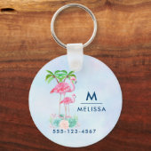 Porte-clés Flamant rose rose Momma & bébé avec palmiers (Recto)