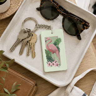 Porte-clés Flamant Rose Tropical Feuilles de Palmier Vert Lys