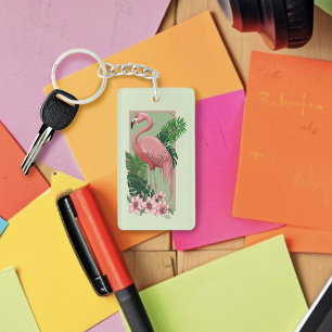Porte-clés Flamant Rose Tropical Feuilles de Palmier Vert Lys