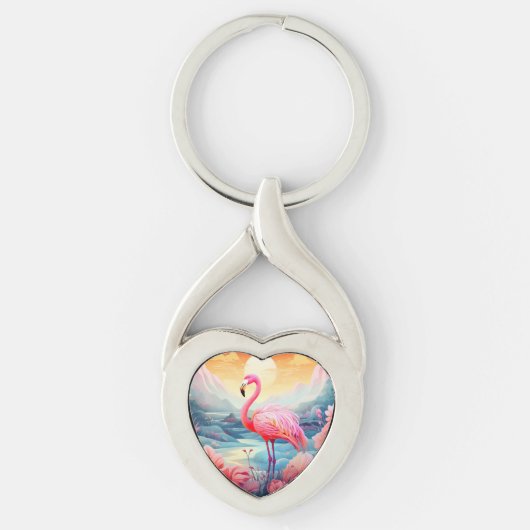 Porte-clés Flamant Tropical avec Fleurs (Devant)