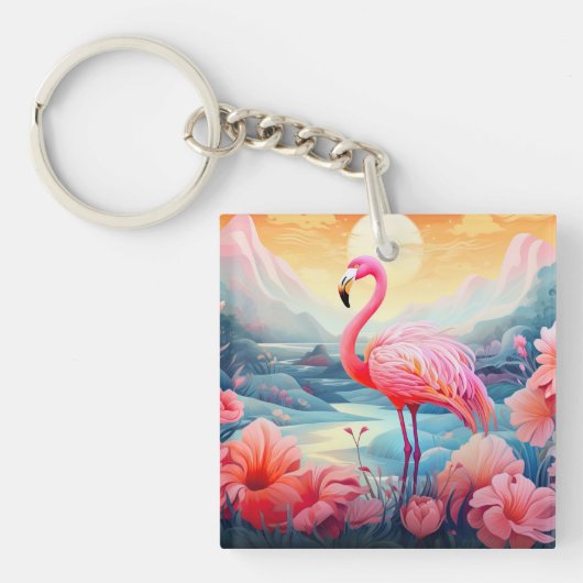 Porte-clés Flamant Tropical avec Fleurs (Devant)