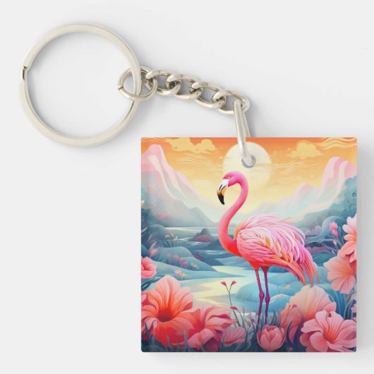 Porte-clés Flamant Tropical avec Fleurs (Devant)