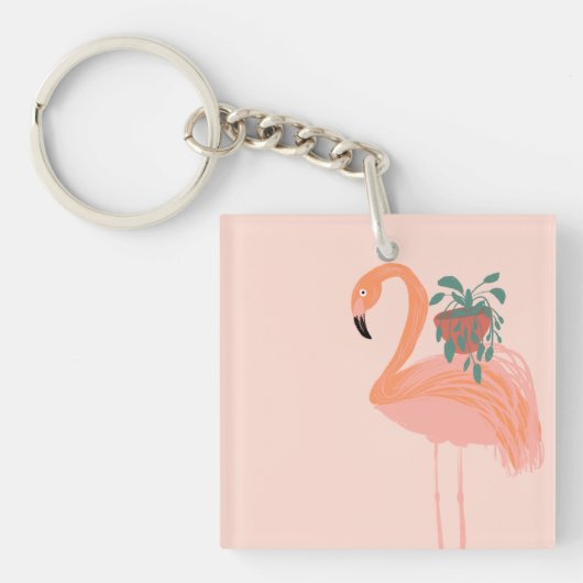 Porte-clés Flamant tropical avec plante en pot dessinée à la (Devant)