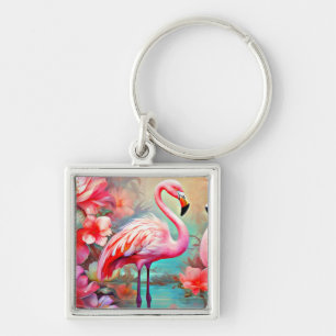 Porte-clés Flamants roses roses dans un lac avec fleurs-20231