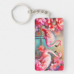 Porte-clés Flamants roses roses dans un lac avec fleurs-20231