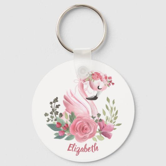 Porte-clés Flamingo Rose Floral Girly Nom (Recto)