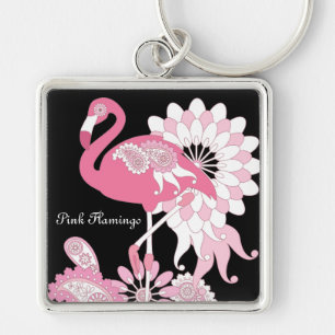 Porte-clés Flamingo Rose Paisley Noir Moderne Personnalisé