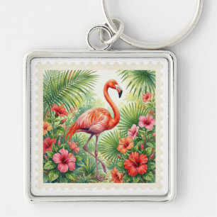 PORTE-CLÉS FLAMINGO TROPICAL ROSE ET HIBISCUS TROPICAL