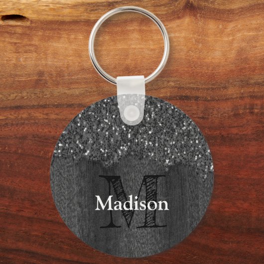 Porte-clés Flamme blanc noir scintille bois rustique Monogram (Verso)