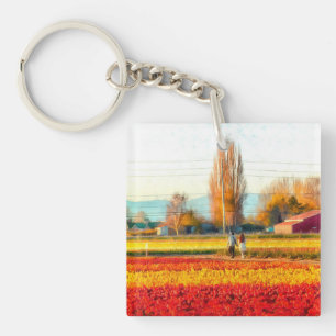 Porte-clés Flâner dans les champs de tulipes rouges et d'or