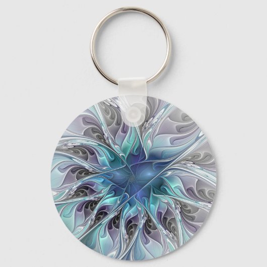 Porte-clés Fleur Abstraite Fractale Moderne Avec Bleu (Recto)