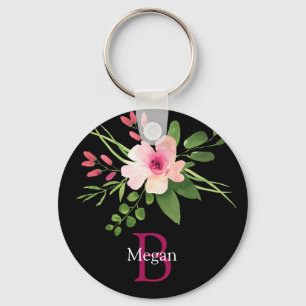 Porte-clés Fleur aquarelle, nom et monogramme sur fond noir
