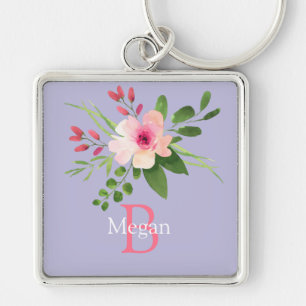 Porte-clés Fleur aquarelle, nom et monogramme sur lavande