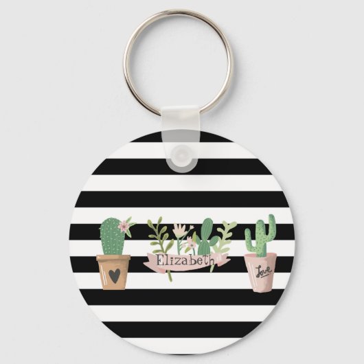 Porte-clés Fleur de Cactus Rayures Noires et Blanches (Recto)