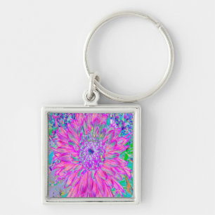 Porte-clés Fleur de Dahlia Artistique Rose Bleu et Violet