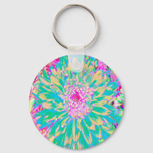 Porte-clés Fleur de dahlia décorative sarcelle verte et rose