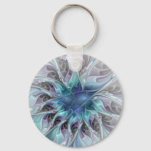 Porte-clés Fleur de fractale moderne abstraite avec du bleu