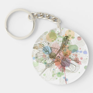 Porte-clés Fleur de ketmie et arrière - plan d'aquarelle