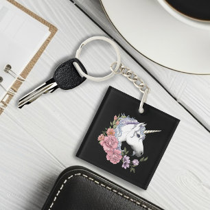 Porte-clés Fleur de licorne blanche enchantée rose noir