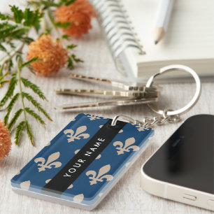 Porte-clés Fleur de Lis, Beige sur Bleu Nuit, Royal, Votre No