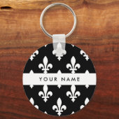 Porte-clés Fleur de Lis, Blanc sur Noir, Blanc, Votre Nom (Recto)